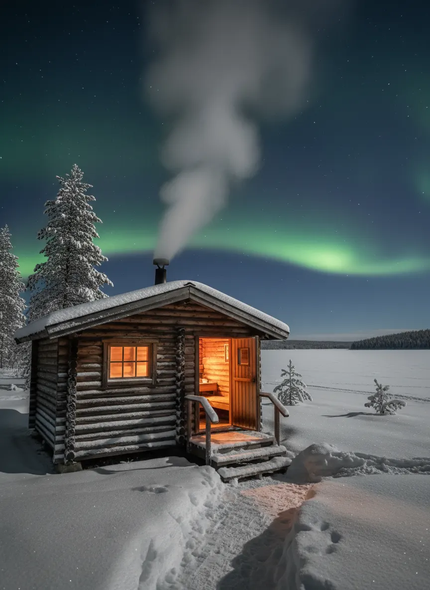 Finnish sauna and frozen lake dip Arctic experience Lapland Finland