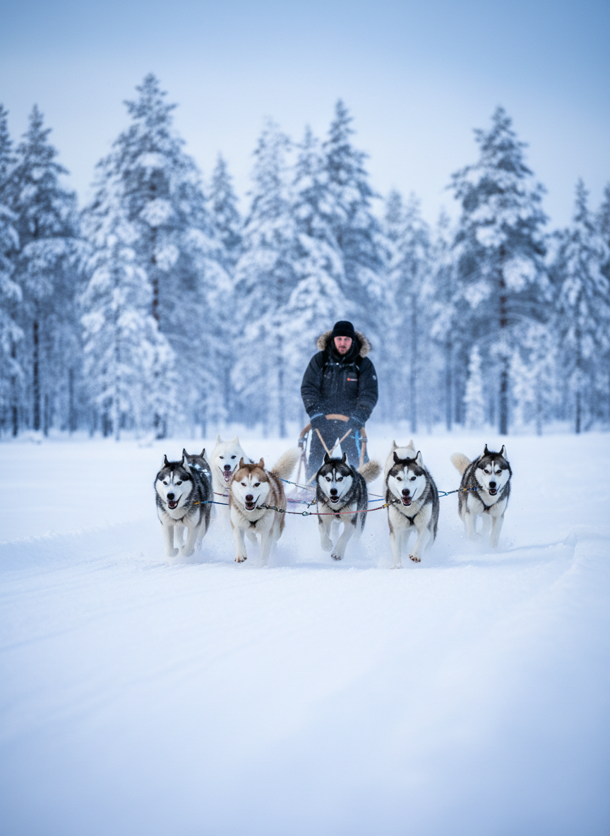 Safari con husky a través de lagos helados Ruka Kuusamo Laponia Finlandia